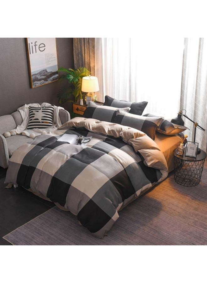 NIBEMINENT 4-Piece European Style Checked Printed Duvet Cover Set polyester Black/Beige/Grey Single - Image 1
