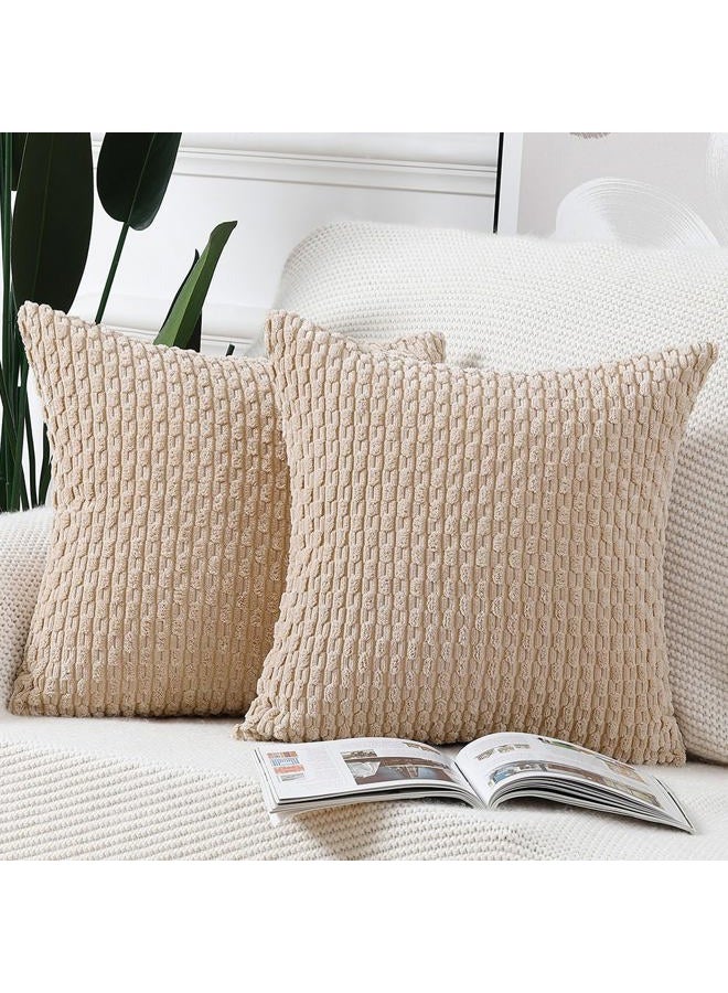 MADIZZ Pack of 2 Boho Striped Corduroy Throw Pillow Covers 16x16 Inch Beige Soft Decorative Cushion Cover for Bedroom Sofa Pillow Shell - Image 1