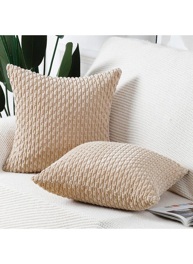 MADIZZ Pack of 2 Boho Striped Corduroy Throw Pillow Covers 16x16 Inch Beige Soft Decorative Cushion Cover for Bedroom Sofa Pillow Shell - Image 2