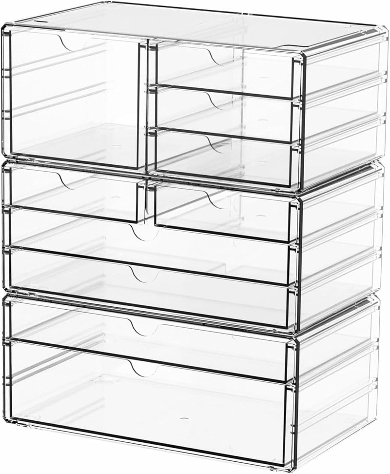 Yieach 3Pack Clear Drawer Organizers Stackable,Acrylic Storage Drawers With 10 Drawers,Multipurpose Office Supply Organizer and Makeup Organizer for Beauty,Craft,Pen,Medical,Stationary Desk Organizers - Image 1