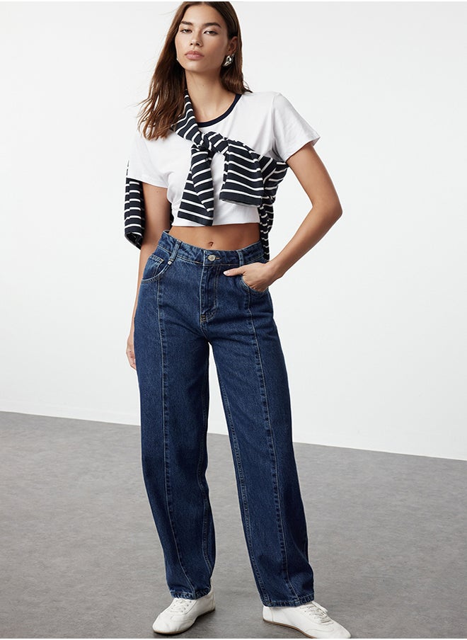 trendyol Blue Stitching Detailed High Waist Barrel Jeans TWOAW25JE00061  - Image 1