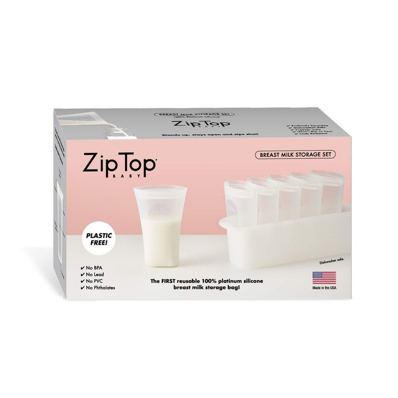 Zip Top Reusable 100% Platinum Silicone Breast Milk Storage, Made in the USA - Bag Set of 6 + Freezer Tray - Image 1