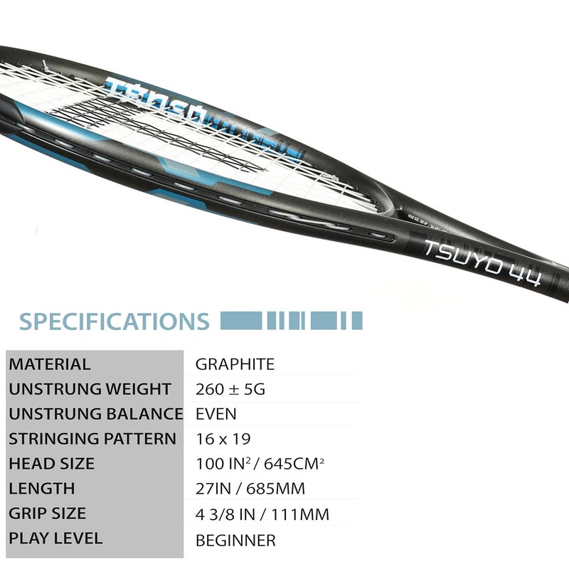 Tanso TSUYO 44 Full Graphite High Performance Ultra Light Carbon Fibre Strung Tennis Racquet with Free Full Tennis Racket Cover (260 Grams, Oval Head Shape, 100 sq inch, Full Size) (Slate Grey) - Image 2