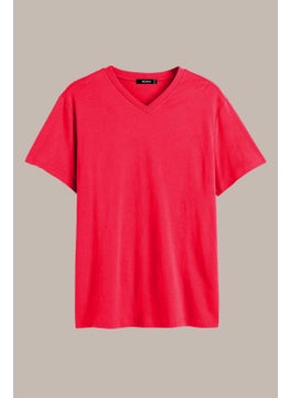 mmetalic Men's Red Slim Fit Cotton Short Sleeve V-Neck T-Shirt  - Image 1