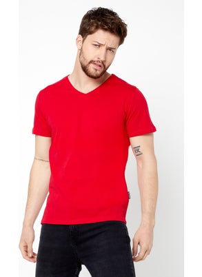 mmetalic Men's Red Slim Fit Cotton Short Sleeve V-Neck T-Shirt  - Image 2