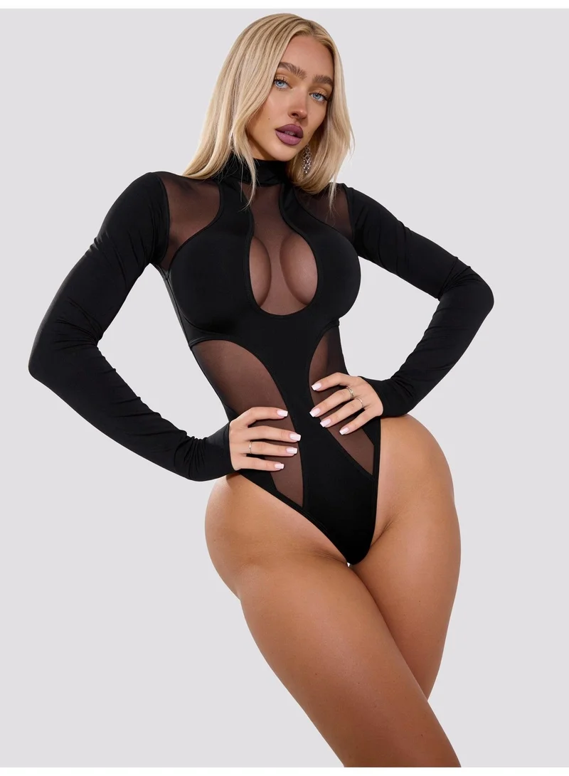 بونا فيدي بودي نسائي بأكمام طويلة من Bona Fide فالكييريا أسود – بتصميم شبكي مع فتحات جريئة
