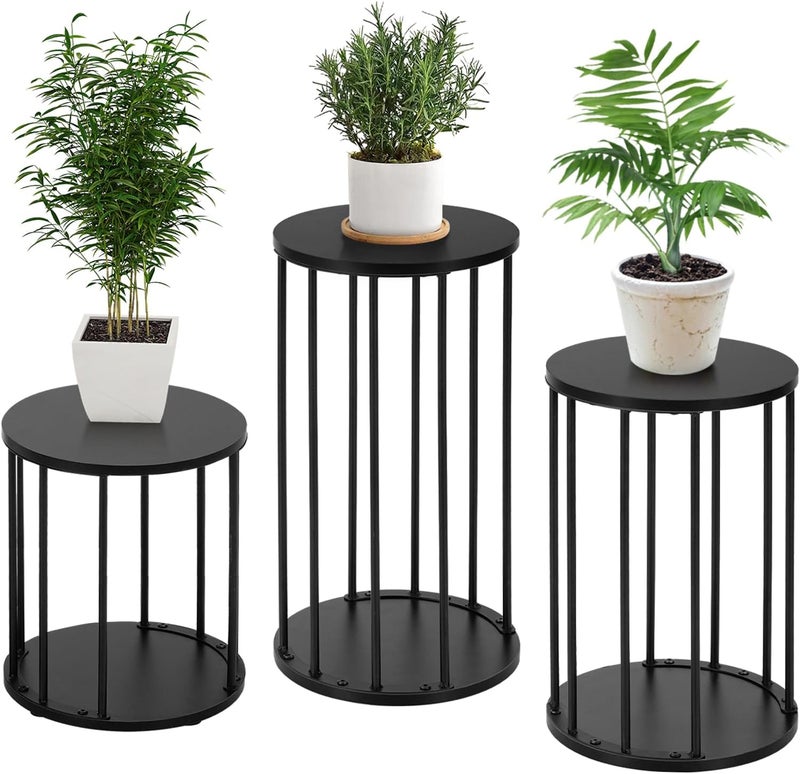 HDANI Set of 3 Round Metal Plant Stands 35/45/55 cm, Solid and Sturdy Flower Stand for Living Room, Garden, Balcony, Wooden Flower Stool, Black - Image 1