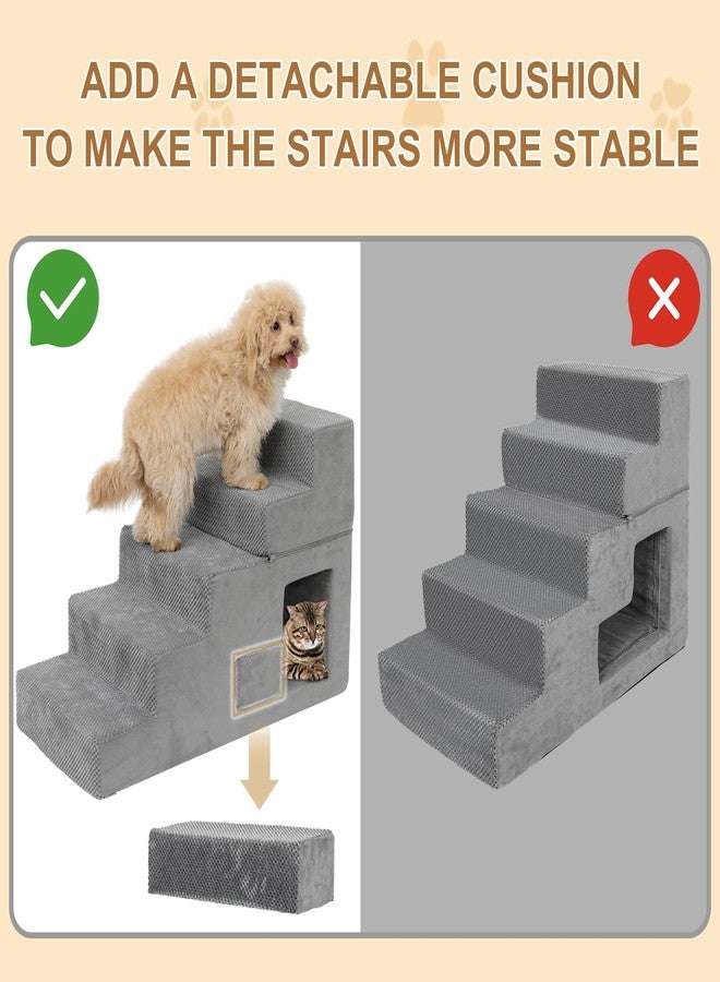 YU YUSING 5-Step Dog Stairs for High Bed, 23” H Dog Steps for Bed, Pet Steps for Small Dogs and Cats with Non-Slip Washable Cover, Indoor, Grey - Image 2