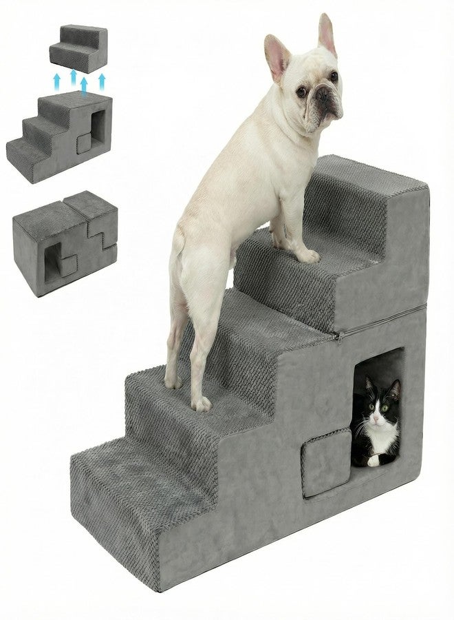 YU YUSING 5-Step Dog Stairs for High Bed, 23” H Dog Steps for Bed, Pet Steps for Small Dogs and Cats with Non-Slip Washable Cover, Indoor, Grey - Image 1