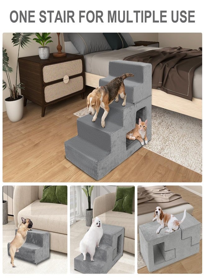 YU YUSING 5-Step Dog Stairs for High Bed, 23” H Dog Steps for Bed, Pet Steps for Small Dogs and Cats with Non-Slip Washable Cover, Indoor, Grey - Image 5
