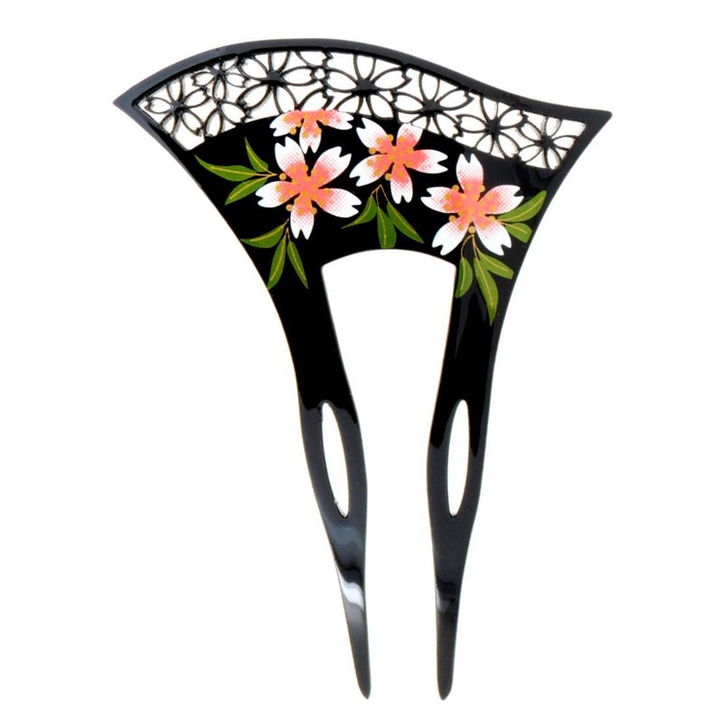 YOY Fashion Hair Decor Japanese Traditional Style Hair Comb Pins Picks Pics Forks for Women Girls Hair Accessory Two Prong with Floral and Hollow Out Flower Black