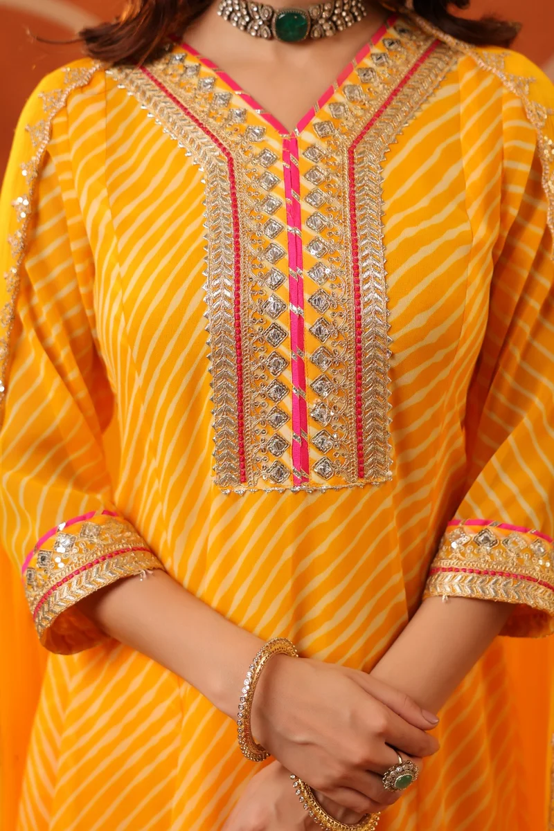 Viny  Viny Women's Leheriya Print Suit Set – Mirror Work Embroidered Kurta with Pants & Dupatta – Ramadan & Eid – Mustard – Indian Ethnic Wear for Women | Best Price UAE