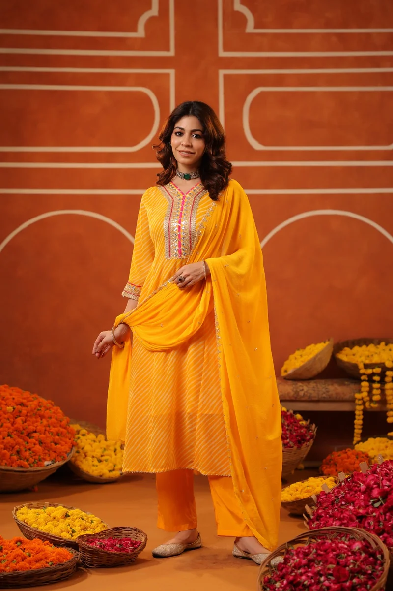 Viny Women's Leheriya Print Suit Set – Mirror Work Embroidered Kurta with Pants & Dupatta – Ramadan & Eid – Mustard – Indian Ethnic Wear