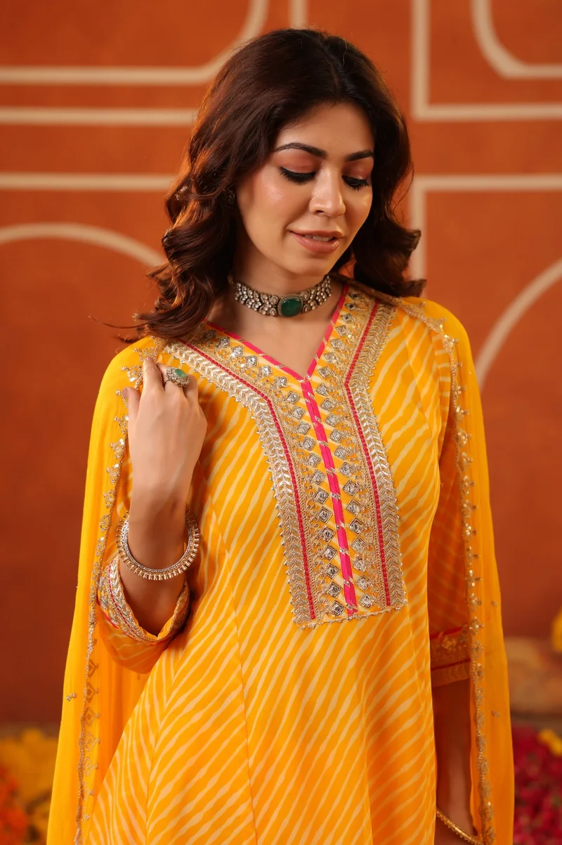 Viny  Viny Women's Leheriya Print Suit Set – Mirror Work Embroidered Kurta with Pants & Dupatta – Ramadan & Eid – Mustard – Indian Ethnic Wear for Women | Best Price UAE