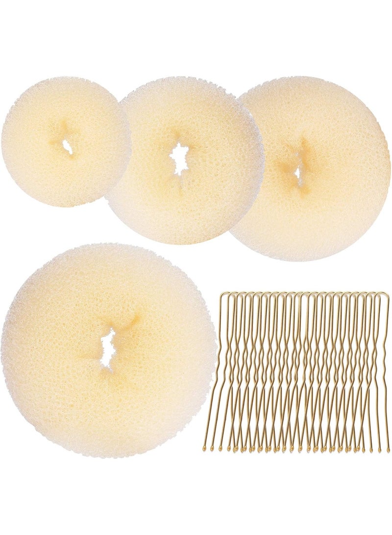 Hair Bun Maker Set - 4 Size Beige Donut Bun Shaper + 20 Golden Bobby Pins for Blonde Chignon Bun Maker Hair Ring Style Accessories for Dancer Ballet Girls Extra-large Large Medium Small - Image 1