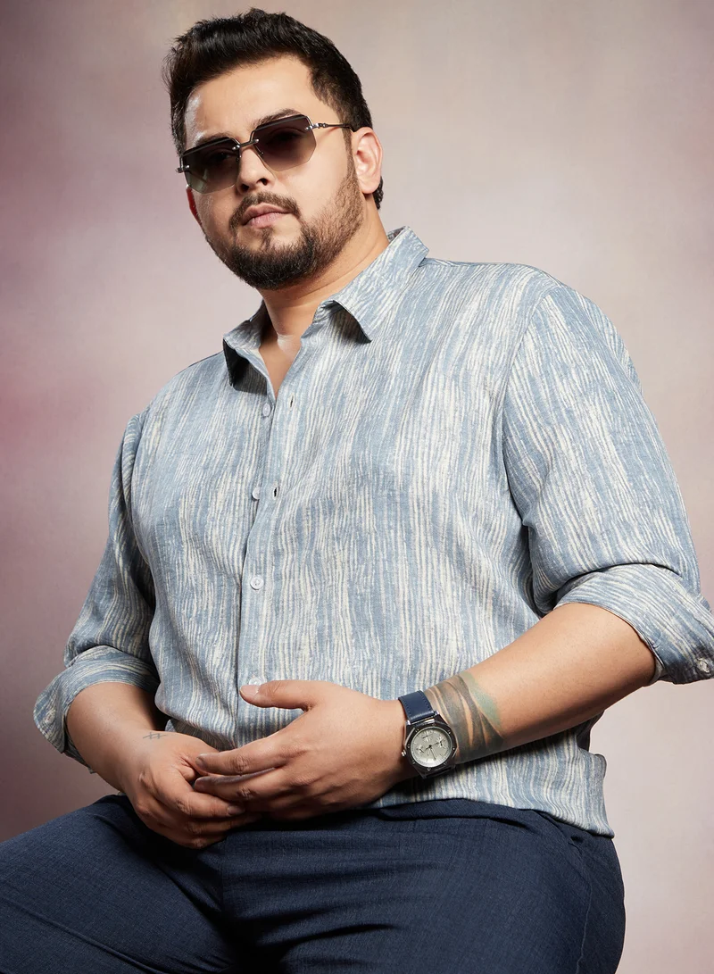 Instafab Plus Instafab Plus Men's Icy Blue & Daisy White Distortion-Weave Shirt For Casual Wear | Spread Collar | Long Cuffed Sleeves | Button Closure | Plus Size Shirt Crafted With Comfort Fit For Everyday Wear