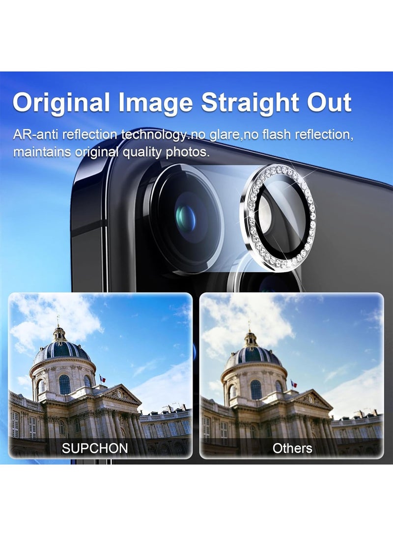 Wtech Apple iPhone 16 Pro / iPhone 16 Pro Max 2024 Premium Luxury Diamond Chrome Alloy Ring Camera Lens Tempered Glass Protector Shield (MLHICL) - Clear/White - Image 2