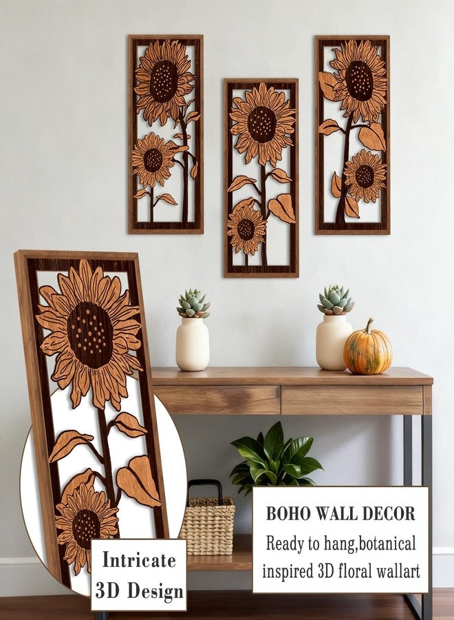 BINCUE 3D Boho Flower Wall Art,Sunflower Wall Decor,Retro Sunflower Artwork,Rustic Framhouse Florals Prints,Flower Plants Wildflower Hanging Decor for Living Room Bedroom Home 8x16 Inches Set of 3 - Image 3
