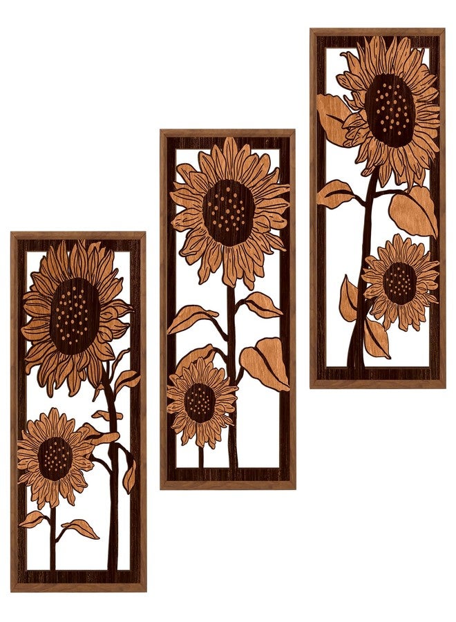 BINCUE 3D Boho Flower Wall Art,Sunflower Wall Decor,Retro Sunflower Artwork,Rustic Framhouse Florals Prints,Flower Plants Wildflower Hanging Decor for Living Room Bedroom Home 8x16 Inches Set of 3 - Image 1