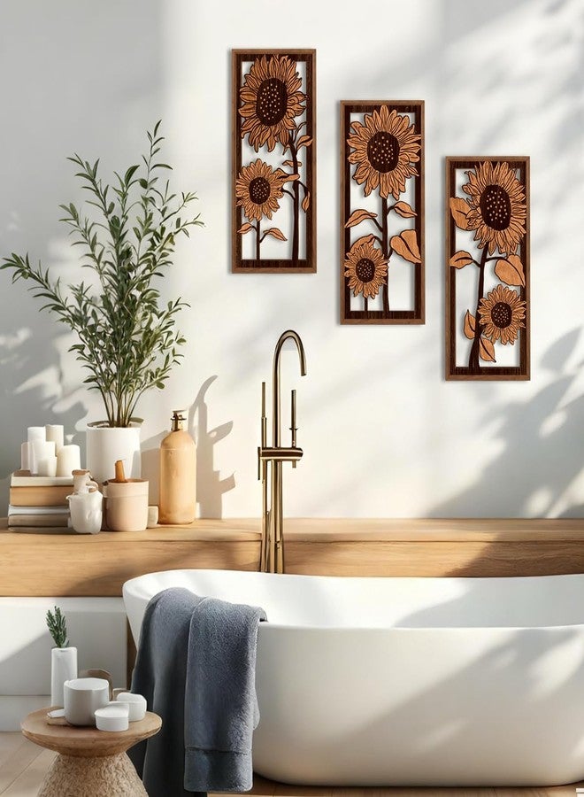 BINCUE 3D Boho Flower Wall Art,Sunflower Wall Decor,Retro Sunflower Artwork,Rustic Framhouse Florals Prints,Flower Plants Wildflower Hanging Decor for Living Room Bedroom Home 8x16 Inches Set of 3 - Image 4