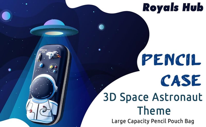 Royals hub 3D Cover Eva Space Astronaut Theme Pencil Case Large Capacity Pencil Pouch Bag Compass School Pouch Organizer for Students Kids Stylish Pen Holder Pouch Stationery Box - Canvas, Multicolor - Image 5