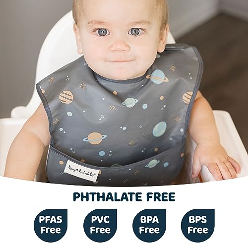 Tiny Twinkle Mess Proof Baby Bibs for Eating – Waterproof, Wipeable Toddler Bibs with Pocket – Baby Food Bibs for Girls & Boys(3 Pack, Space) - Image 2