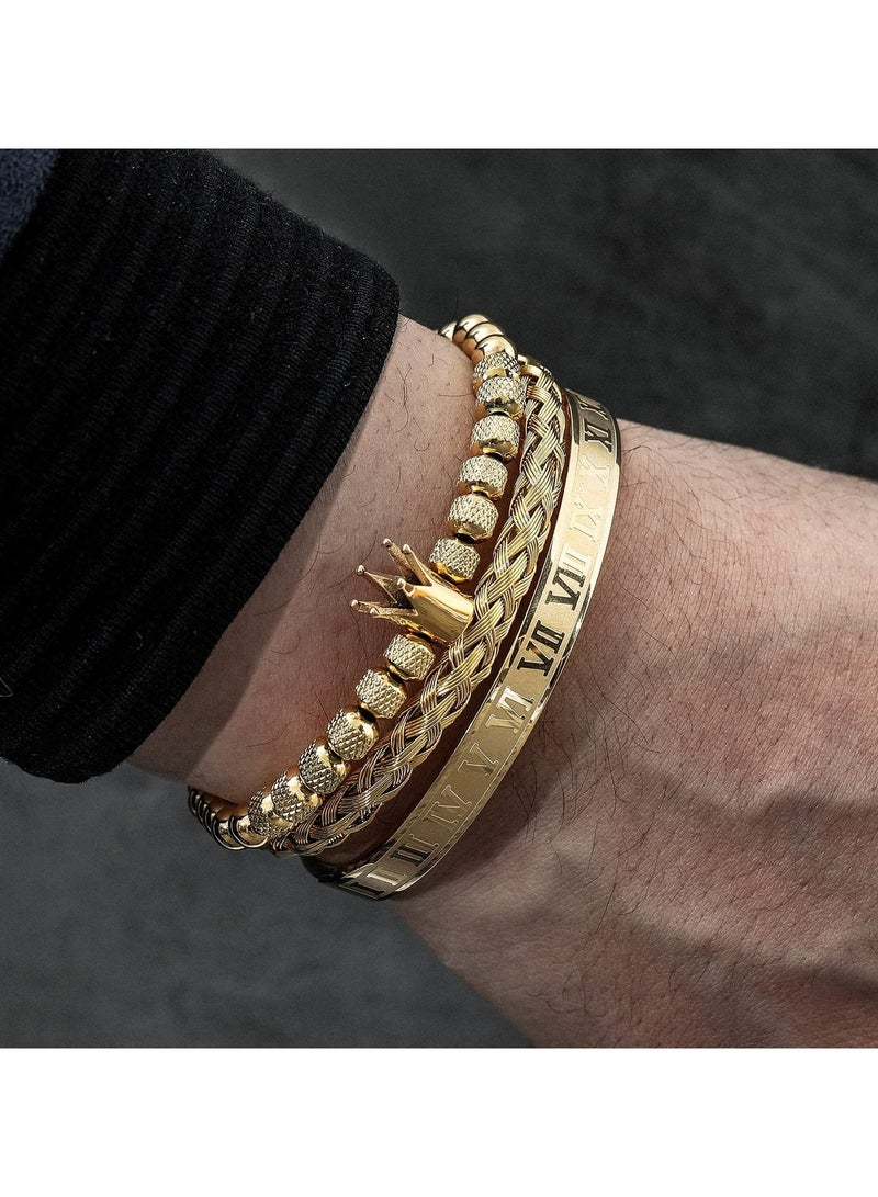 Stainless Steel Imperial Crown Bracelet Set for Men, Featuring Roman Numeral Bangle, Twisted Cable and Adjustable Cuff, Tarnish Resistant, Ideal for Formal and Casual Wear Perfect Gift (Gold-Crown) - Image 3