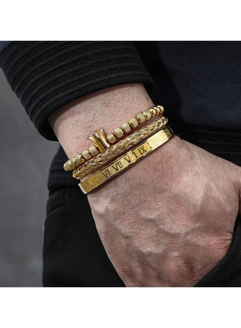 Stainless Steel Imperial Crown Bracelet Set for Men, Featuring Roman Numeral Bangle, Twisted Cable and Adjustable Cuff, Tarnish Resistant, Ideal for Formal and Casual Wear Perfect Gift (Gold-Crown) - Image 2