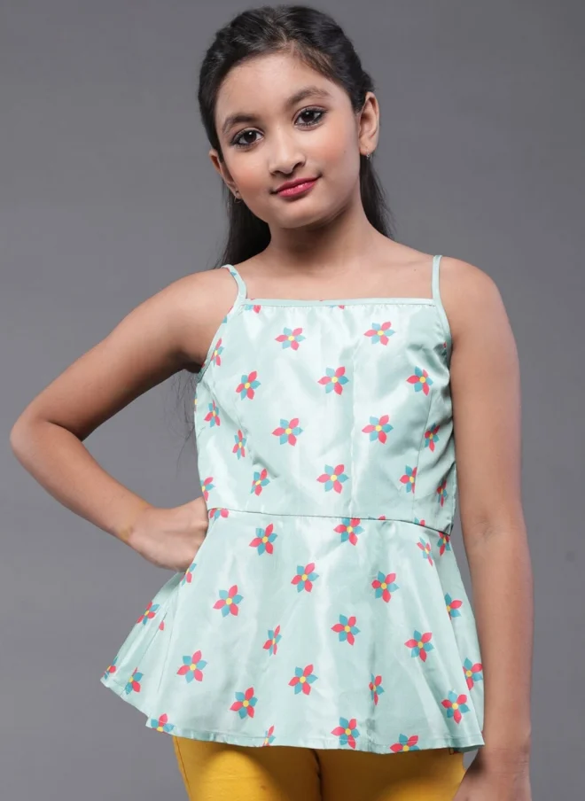 AKS Sea Green Floral Printed Peplum Top for Girls