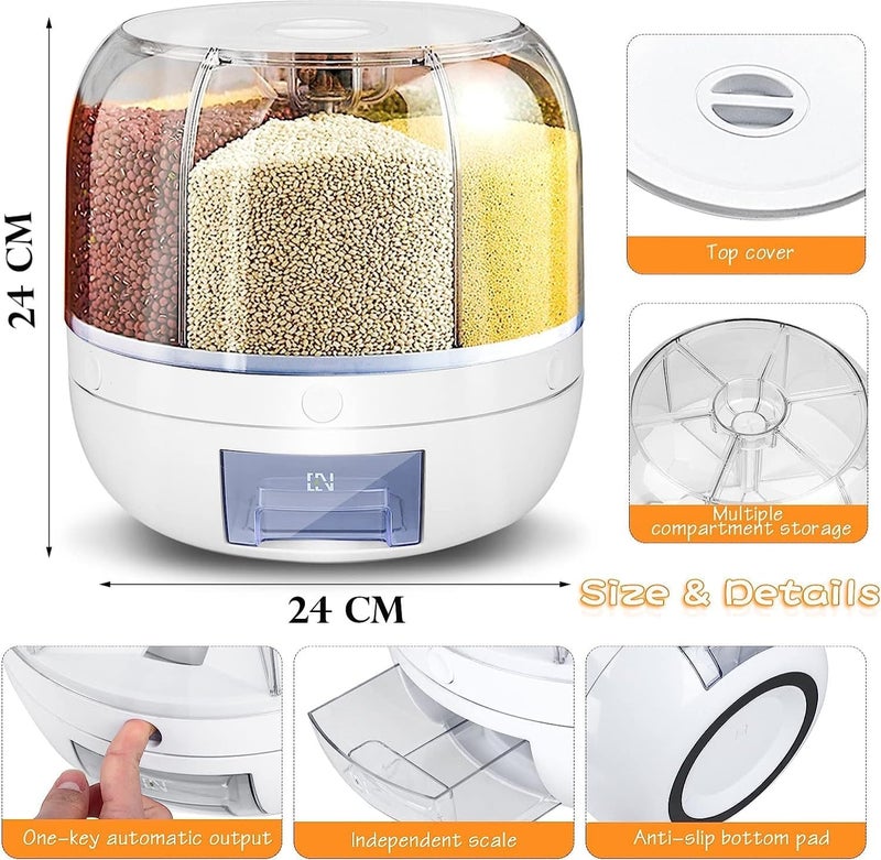 NestPlay 6Grid Rotating Food Dispenser Rotating Rice Bucket Rice Storage Tank Cereal Dispenser Rice Dispenser Stackable Food Storage Containers OneClick Rice Picking White - Image 5