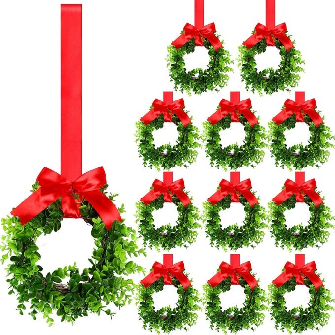 CHRISTMAS KITCHEN CABINET WREATHS MINI CHRISTMAS WREATH WITH RIBBON XMAS SMALL CABINET WREATHS FOR WINDOW DOOR CHAIR WALL ARTIFICIAL GREENERY WREATH DECORATION