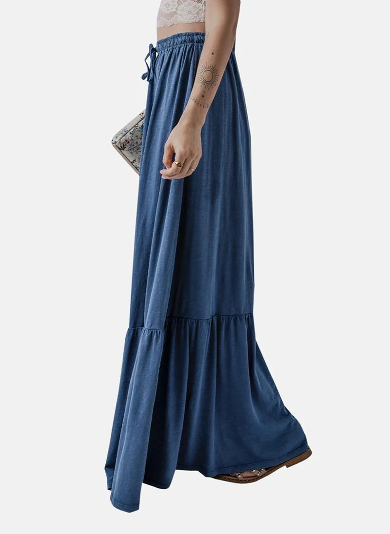 YUNIQEE Blue Solid Tiered Maxi Skirt