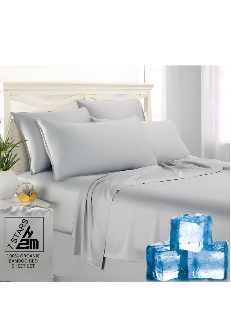 7 STARS HZM Bamboo Bed Sheet Set 400TC Cool, Anti-Allergic, Soft and Silky Includes 1 Fitted, 1 Flat, 2 Pillowcase – Silver  - Image 1
