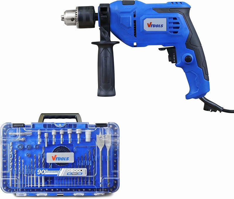 VTOOLS 650 Watt Impact Drill With 5 Piece Concrete Drill Bit Set, Multi-Function (Hammer And Drill), 360°Rotating Side Handle, Guide Ruler, & Variable Speed, Blue - Image 2