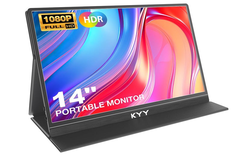 KYY Portable Monitor for Laptop, 14" FHD 1080P Travel Monitor, USB-C & HDMI Computer Gaming Screen with VESA Mount & Smart Cover, Dual Speakers, for Mac PC Phone Xbox PS5 Switch - Image 1