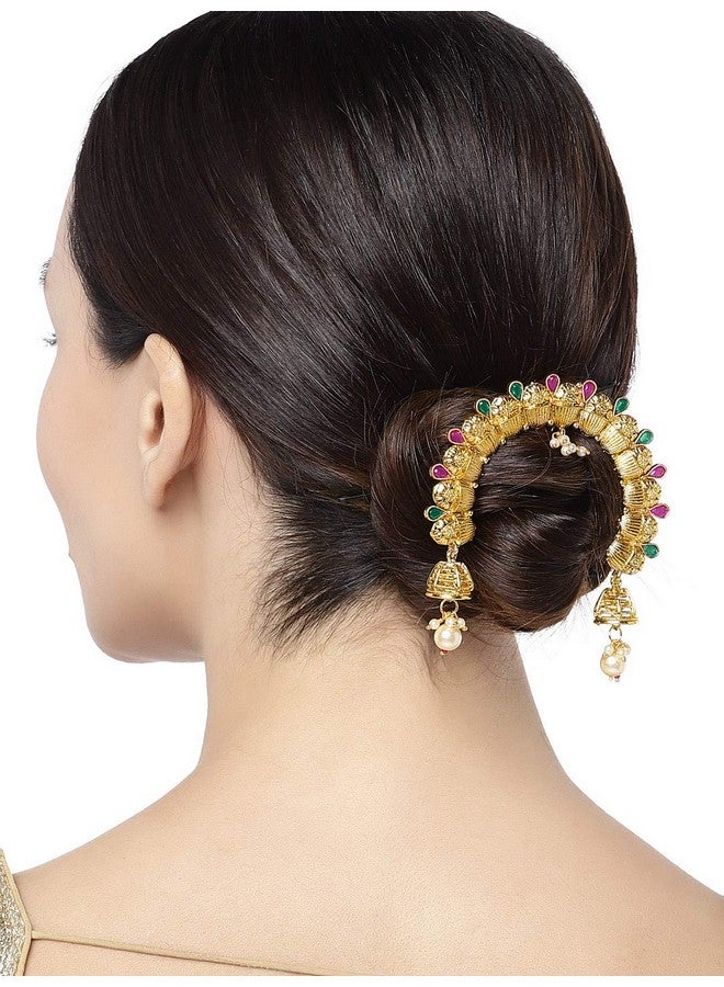 Peora Traditional Ethnic Gold Plated Brass Alloy Juda Pins With Pearl Jhumki Drops Maharashtrian Wear Bridal Hair Accessories for Girls and Women (1 pc) - Image 2
