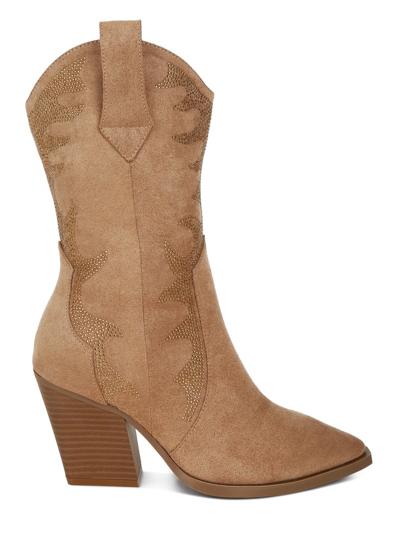 London Rag Rhinestones Embellished Calf Boots in Camel  - Image 1
