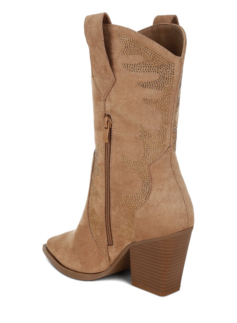 London Rag Rhinestones Embellished Calf Boots in Camel  - Image 3