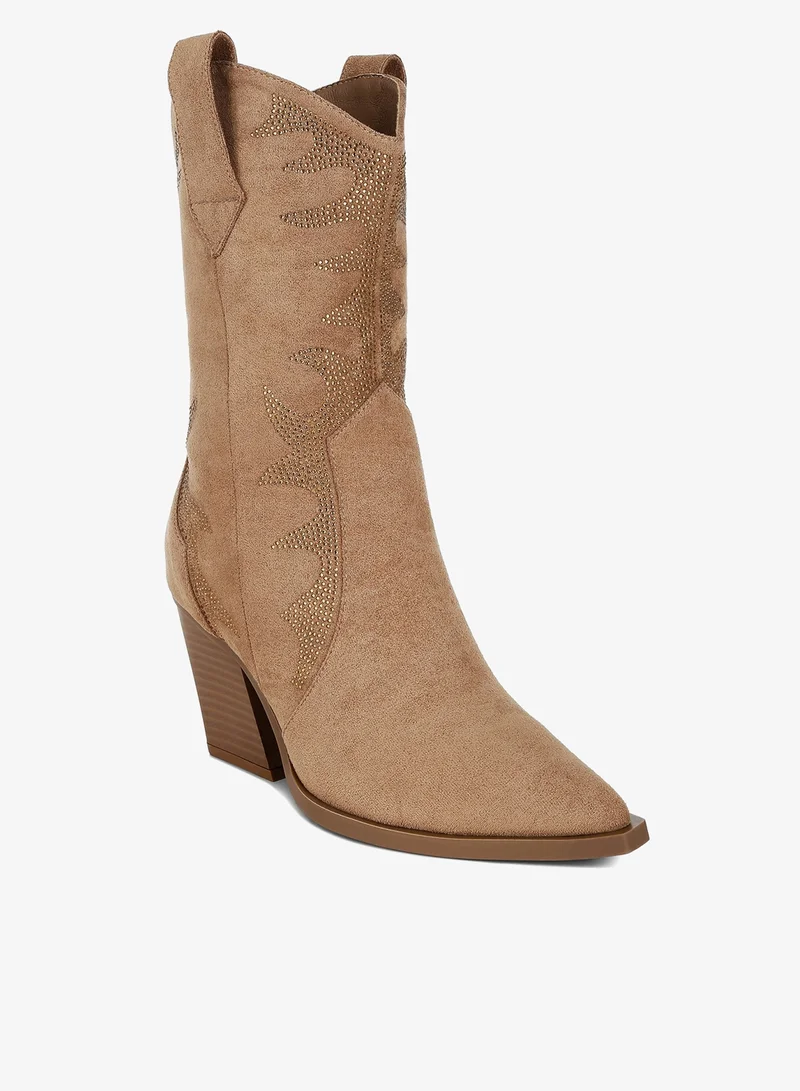 London Rag Camel Rhinestones Embellished Calf Boots in Camel for Women | Best Price UAE