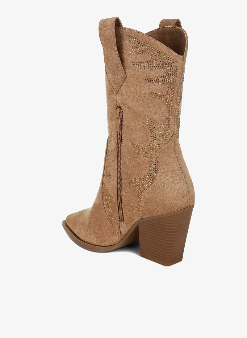 London Rag Camel Rhinestones Embellished Calf Boots in Camel for Women | Best Price UAE