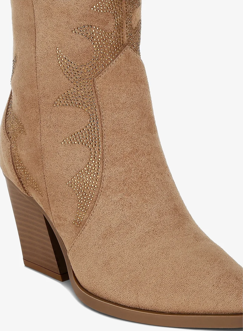 London Rag Camel Rhinestones Embellished Calf Boots in Camel for Women | Best Price UAE