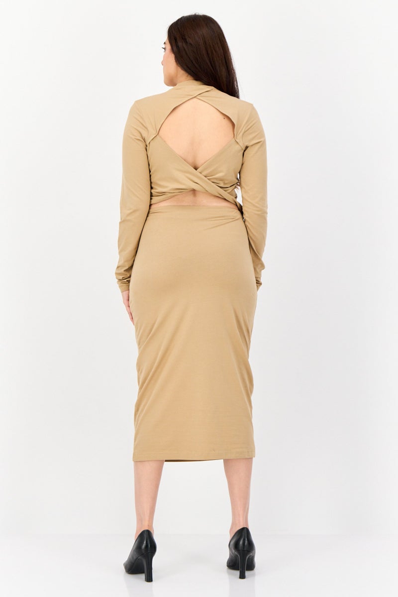 Women Cutout Back Detail Plain Midi Casual Dress, Tan