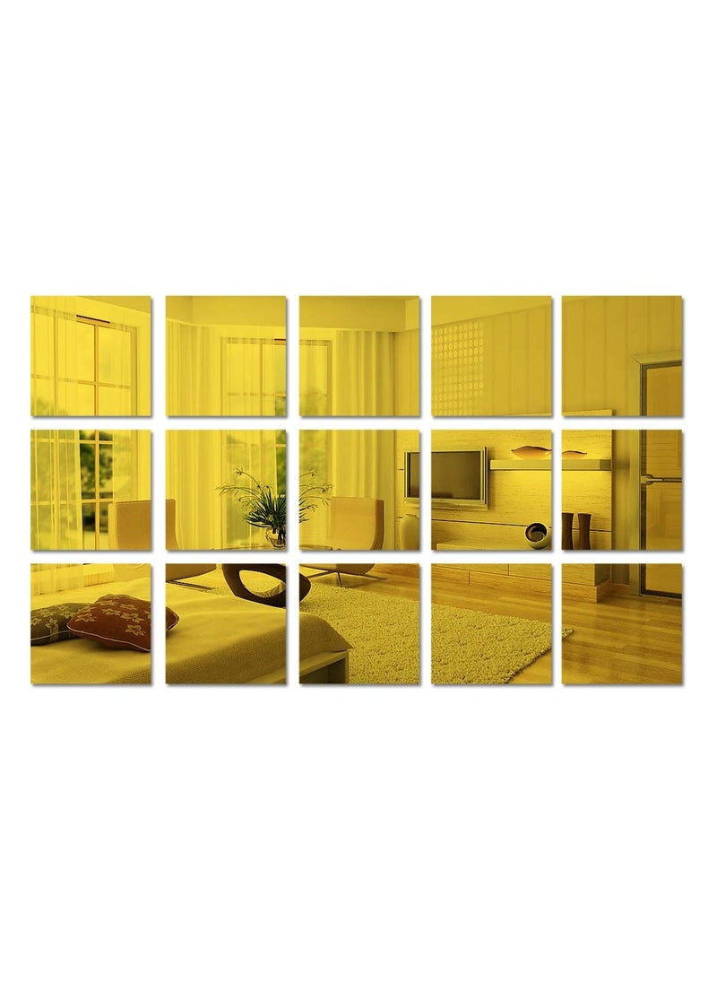 Excefore - Square Acrylic Mirror Sticker Sheet, 15Pieces 6in Self Adhesive Mirror Wall Decor, Non Glass Mirror Tiles Mirror Stickers for Wall for Bathroom Living Room Bedroom (Gold) - Image 1