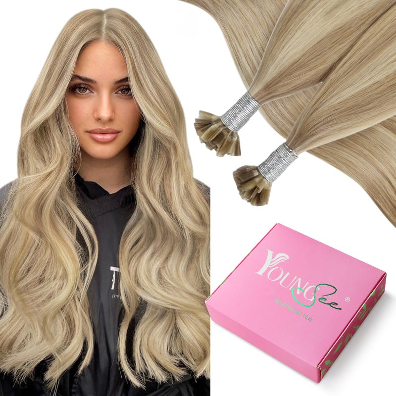 YoungSee U Tip Hair Extensions Human Hair Golden Blonde and Blonde Highlight Hair Extensions U Tip Blond Utips Hair Extension Real Human Hair Blond K Tip Hair Extension Long Straight 22In 1G/S 50G - Image 2