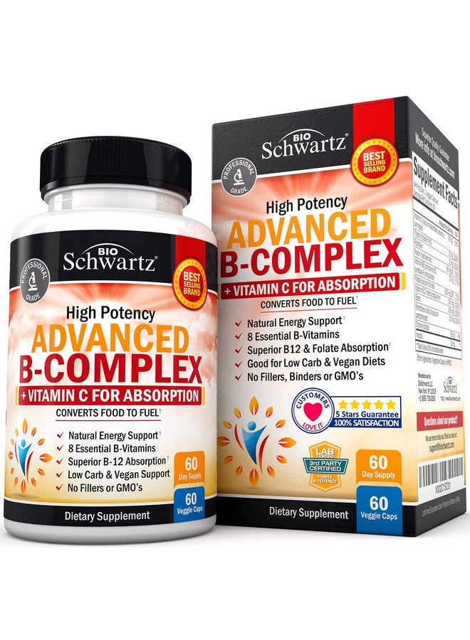 BioSchwartz مجمع فيتامين ب مع فيتامين ج لامتصاص أقصى ميثيلكوبالامين ب12 وحمض الفوليك مكمل فيتامينات ب1 ب2 ب3 ب5 ب6 ب7 ب9 لدعم المناعة والطاقة والجهاز العصبي غير معدّل وراثيًا 60 حبة - Image 1