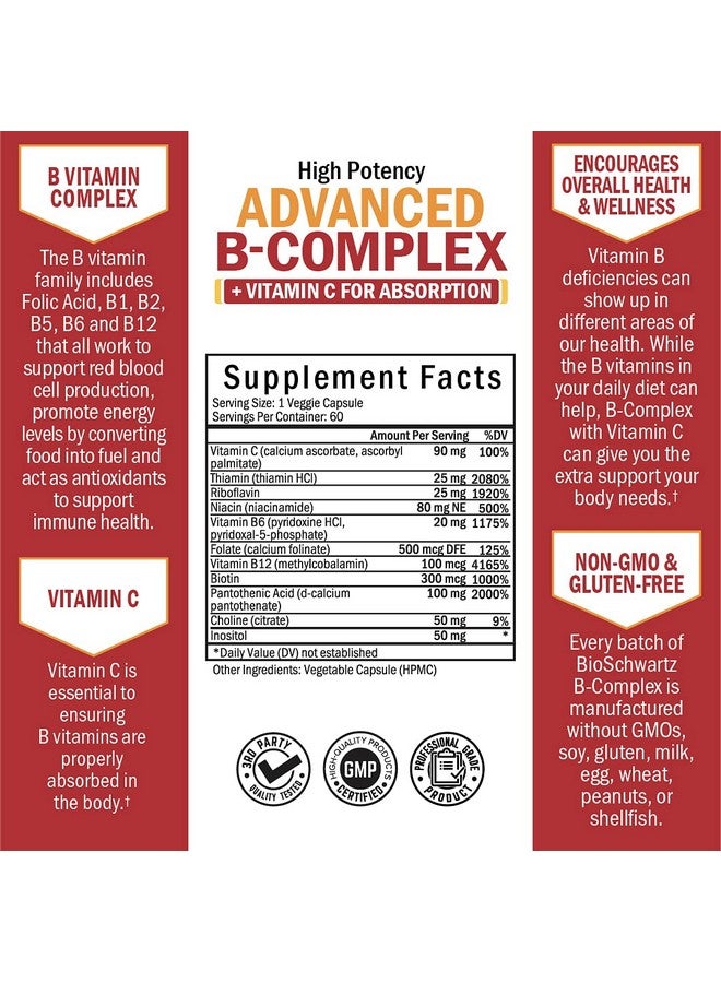 BioSchwartz مجمع فيتامين ب مع فيتامين ج لامتصاص أقصى ميثيلكوبالامين ب12 وحمض الفوليك مكمل فيتامينات ب1 ب2 ب3 ب5 ب6 ب7 ب9 لدعم المناعة والطاقة والجهاز العصبي غير معدّل وراثيًا 60 حبة - Image 5