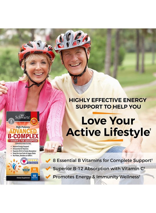 BioSchwartz مجمع فيتامين ب مع فيتامين ج لامتصاص أقصى ميثيلكوبالامين ب12 وحمض الفوليك مكمل فيتامينات ب1 ب2 ب3 ب5 ب6 ب7 ب9 لدعم المناعة والطاقة والجهاز العصبي غير معدّل وراثيًا 60 حبة - Image 3