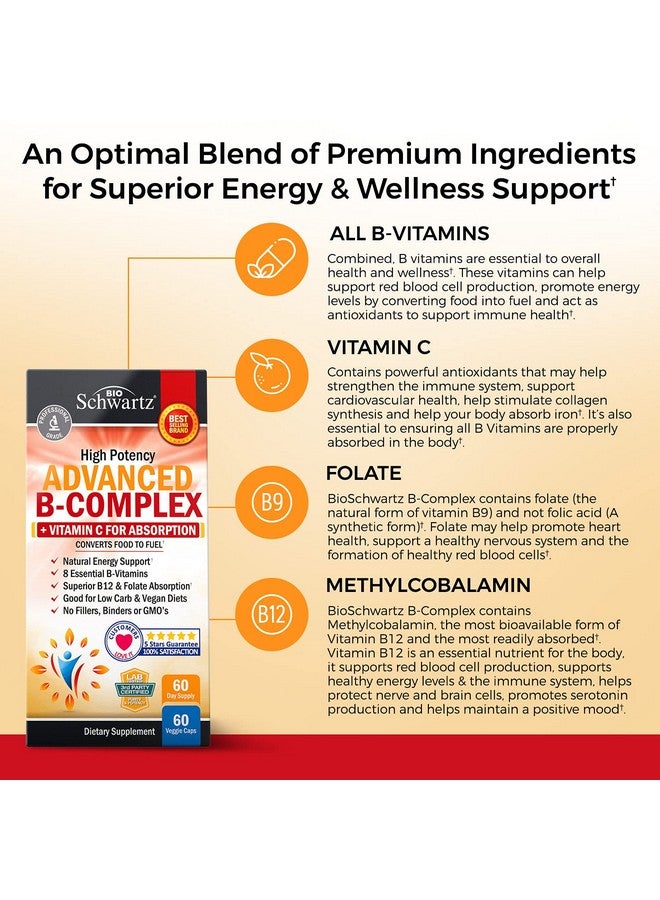 BioSchwartz مجمع فيتامين ب مع فيتامين ج لامتصاص أقصى ميثيلكوبالامين ب12 وحمض الفوليك مكمل فيتامينات ب1 ب2 ب3 ب5 ب6 ب7 ب9 لدعم المناعة والطاقة والجهاز العصبي غير معدّل وراثيًا 60 حبة - Image 4