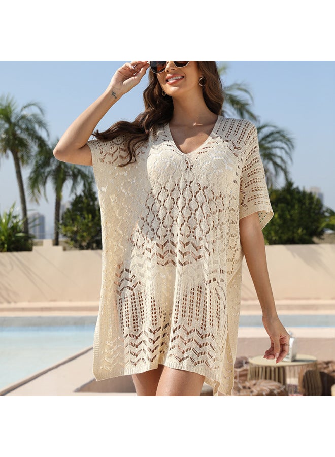 2023 European And American Women's Square Striped Knitted Hollow Holiday Bikini Sunscreen Shirt Beach Sunscreen Clothing For Women-Color:Black-  - Image 3
