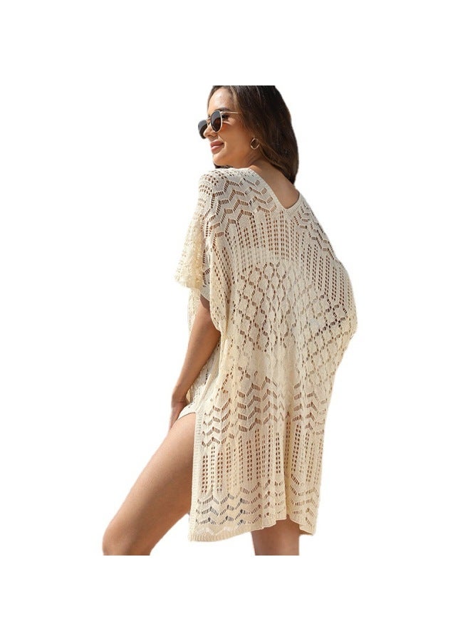 2023 European And American Women's Square Striped Knitted Hollow Holiday Bikini Sunscreen Shirt Beach Sunscreen Clothing For Women-Color:Black-  - Image 5